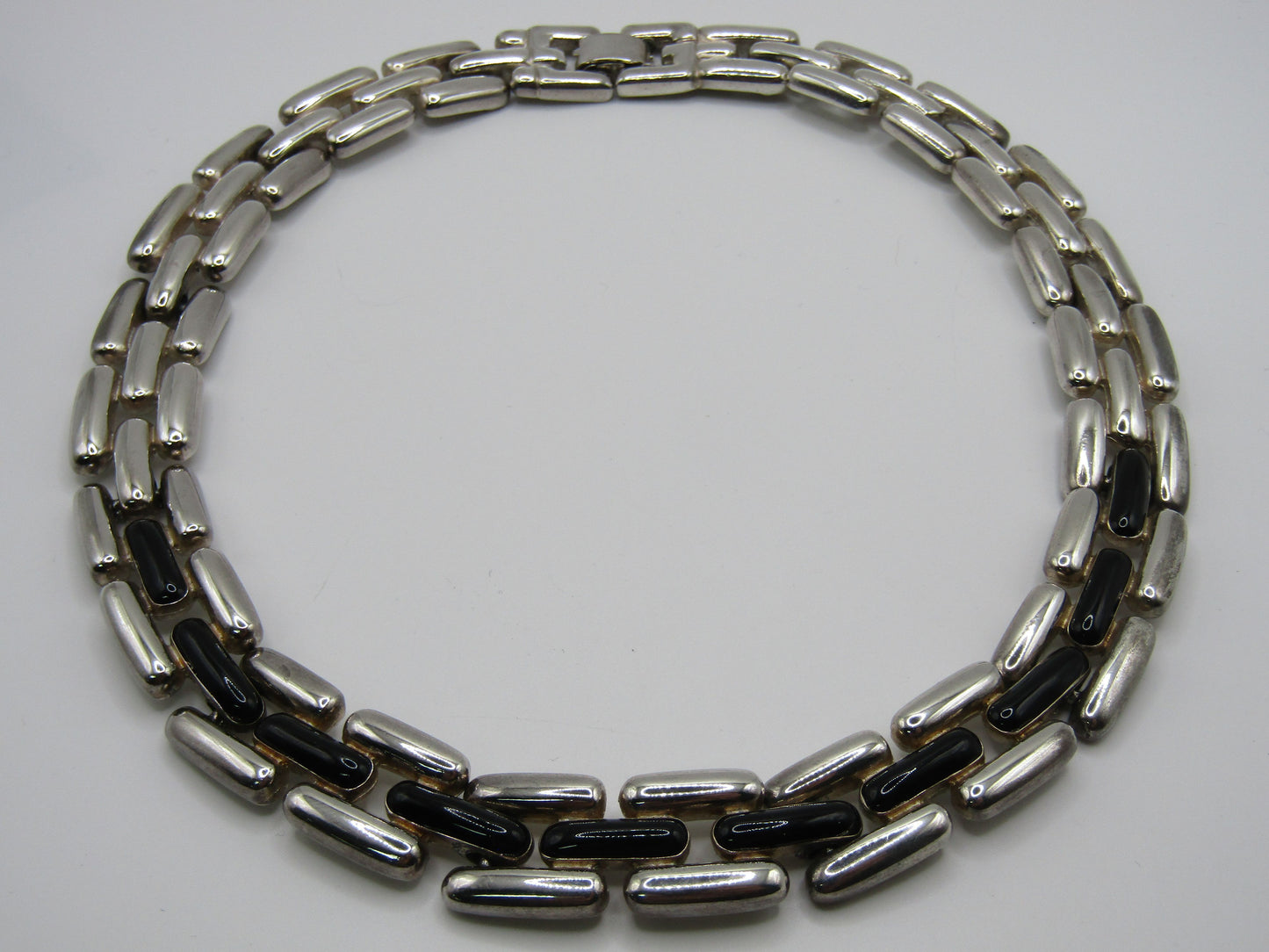 Vintage 15" Silver Plated Onyx Inlay 15mm Panther Link Necklace