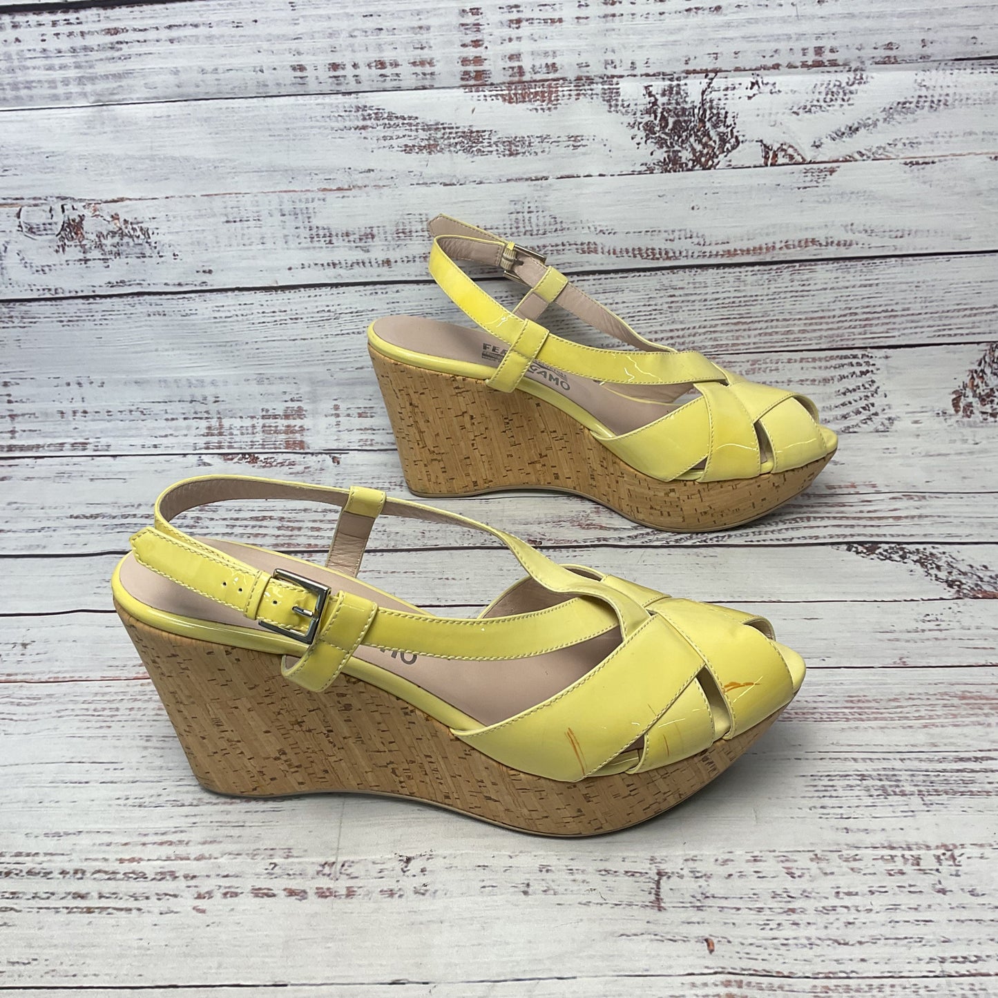 Ferragamo Yellow Patent Leather Peep Toe Wedge Heel Women Size 9.5