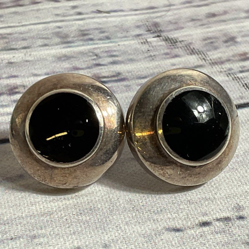 VTG. BOMA Sterling Silver & Onyx Round Stud 15mm Earrings- 7.40g