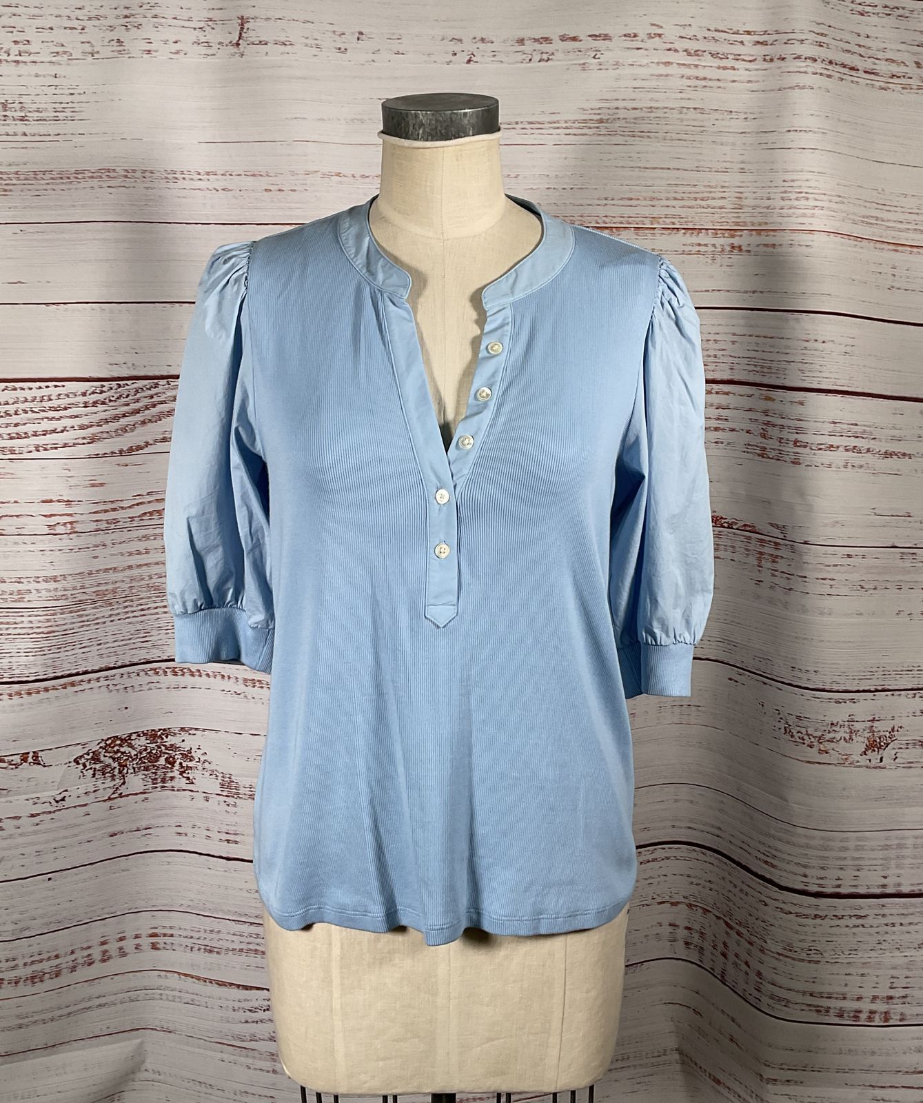 Veronica Beard Coralee Mixed Media Puff Sleeve Top Blue XL