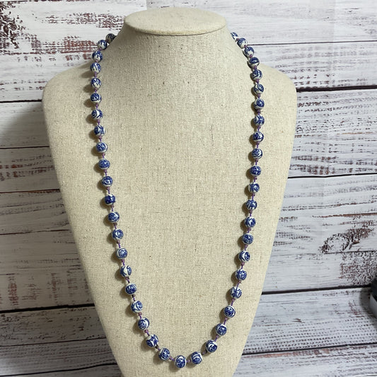 VTG./ANTIQUE Chinese Hand Knotted Blue White Painted Porcelain Beads- 31"