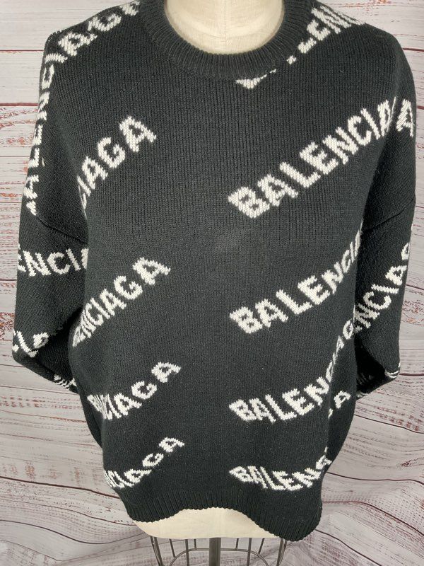 Balenciaga Sweater All Over Logo Wool Knit Pullover Size XL Black