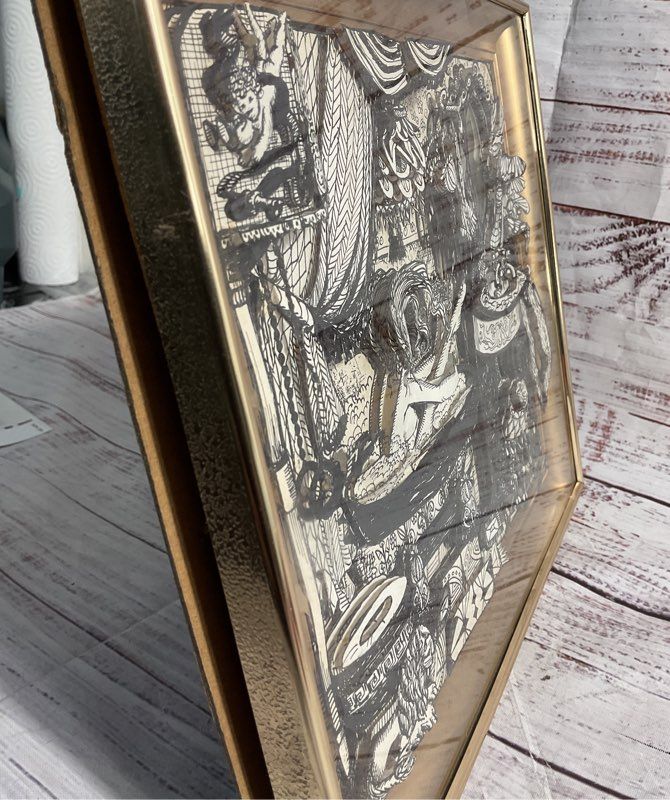 Vintage Black & White 3D Art Print of Women Bathing in Tub Gold Frame 11"X 9"