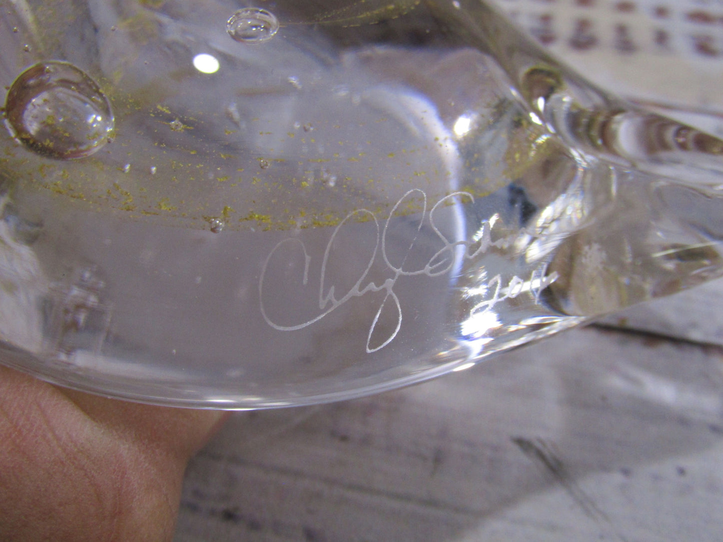 2016 Artist Signed Handblown Glass Gold Fleck Heart Paperweight