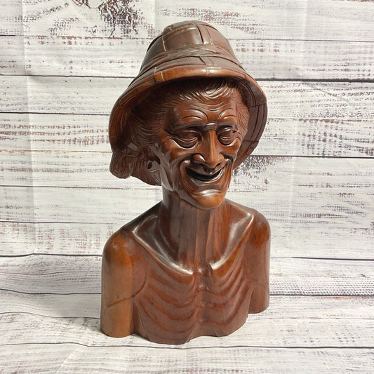 VTG. Hand Carved Wooden Elder Man Bust, Japanese? Sculpture