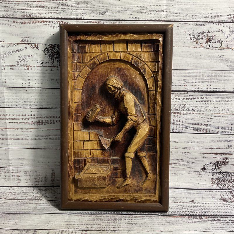 VTG. Hand Carved Bricklayer Mason Wood Relief Sculpture Wall Art