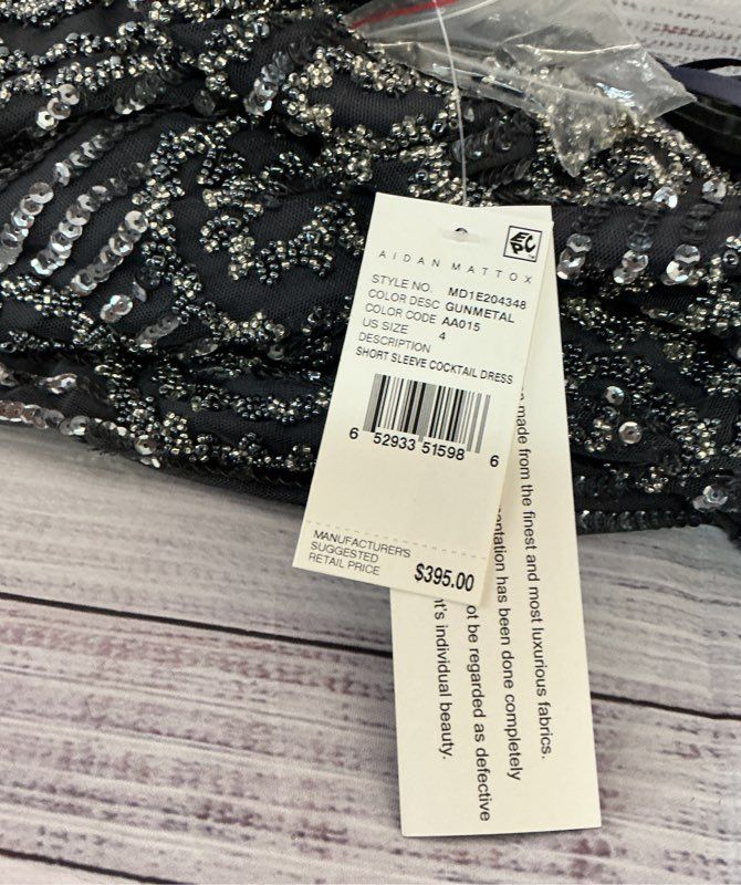 NWT Women's Aidan Mattox Gunmetal Beaded Short Sleeve Dress Size 4 Retail $395