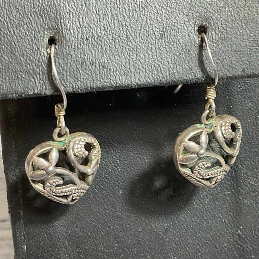 Sterling Silver Pierced Heart 1.25" Dangle Earrings- 7.08g
