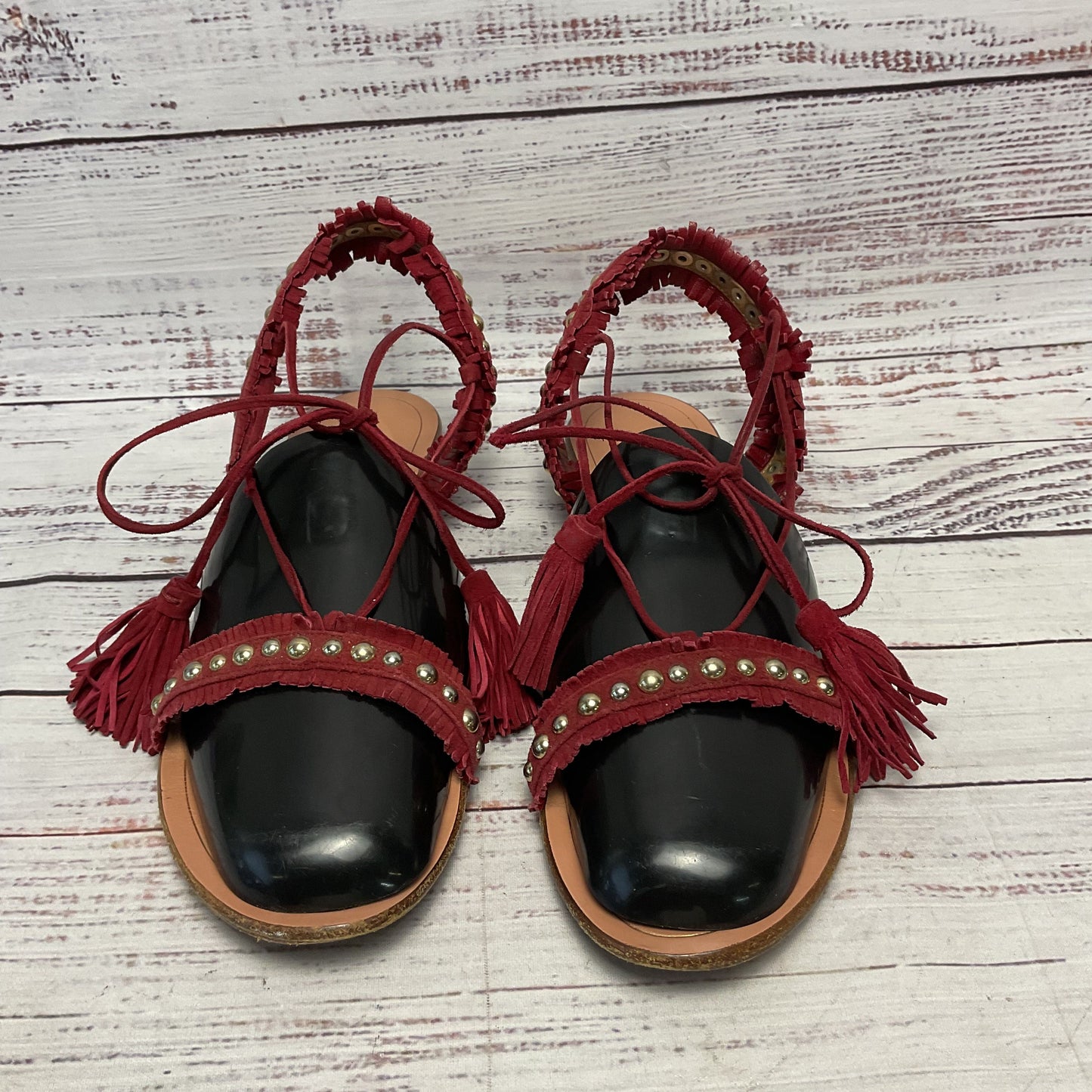 Aquazurra Careye Fringe Suede Red Cord Ankle Tie Sandal Women Size 9