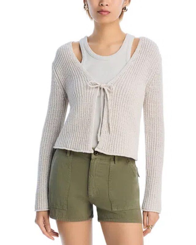 Velvet By Graham & Spencer V-Neck Tie Front Cardigan Knit in Chalk White Size S