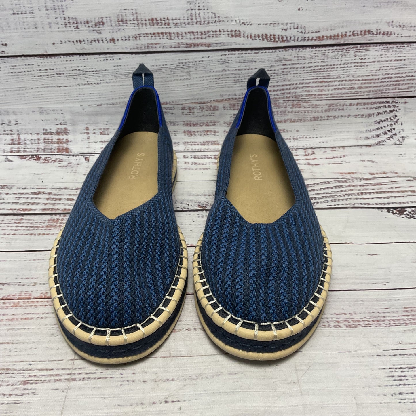 Rothy’s Boardwalk Blue Black Stripe Knit Espadrille Fats Loafers Shoe Women Sz 8