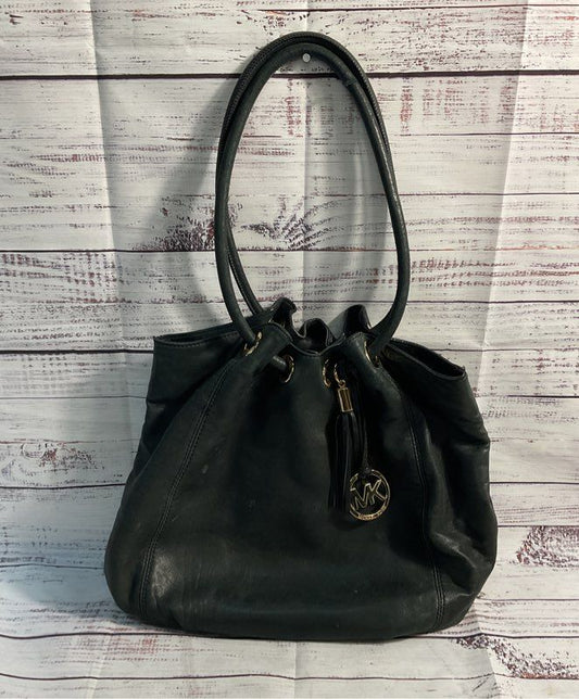 MICHAEL KORS ASTOR Black Pebbled Leather Tassel MK Ring Tote Shoulder Bag