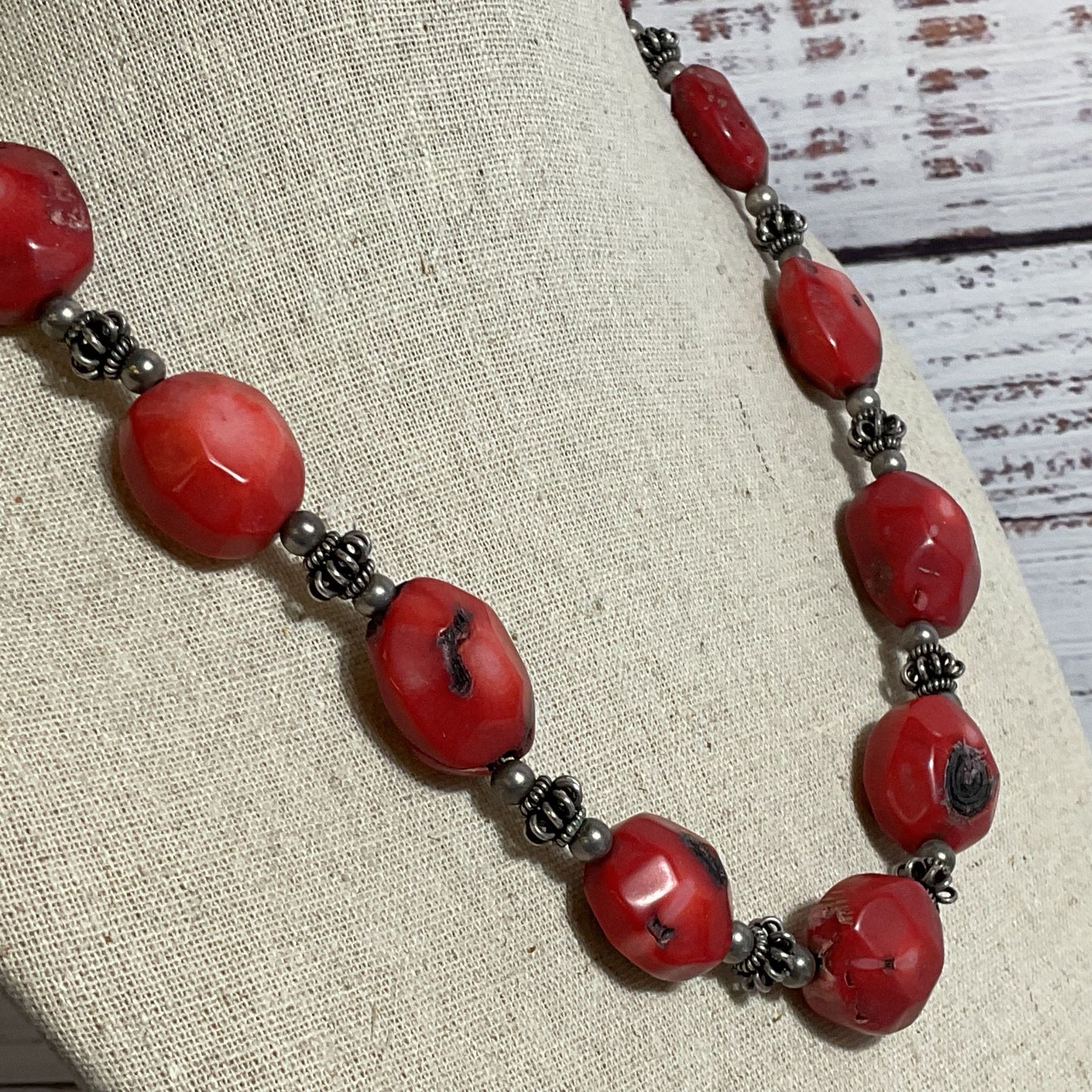 Sterling Silver Beaded Bold Chunky Red Coral Necklace- 24"