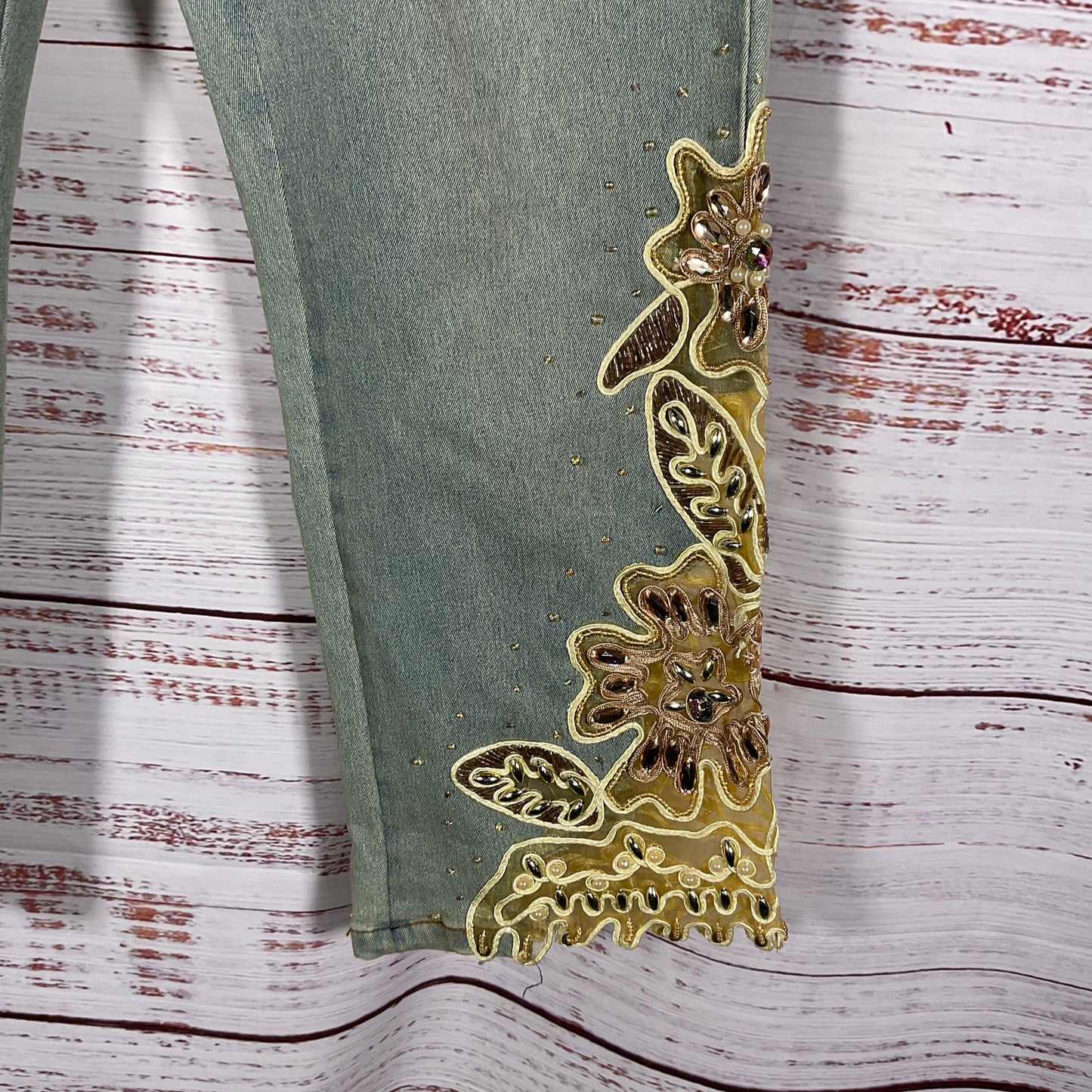 A.Z.I. Yellow Beaded Mesh Sheer Cuff Jeans Pants - Size 6