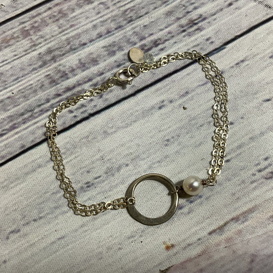 EFY Sterling Silver Faux Pearl and Rhinestone Double Chain 7" Bracelet- 2.26g