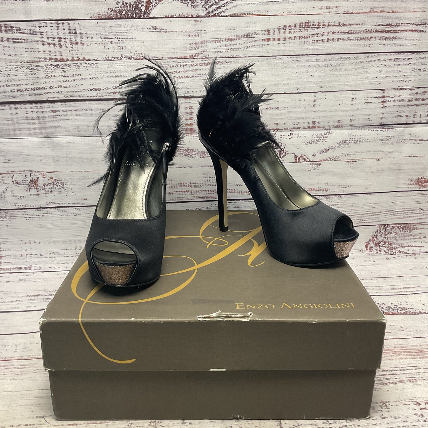 Enzo Angiolini Black Satin Feathered Platform Heel Women Size 7.5