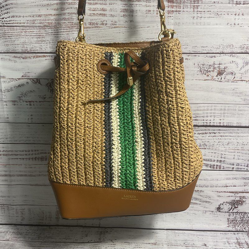 Lauren Ralph Lauren Debby Woven Straw Stripe Accent Shoulder Strap Satchel Purse
