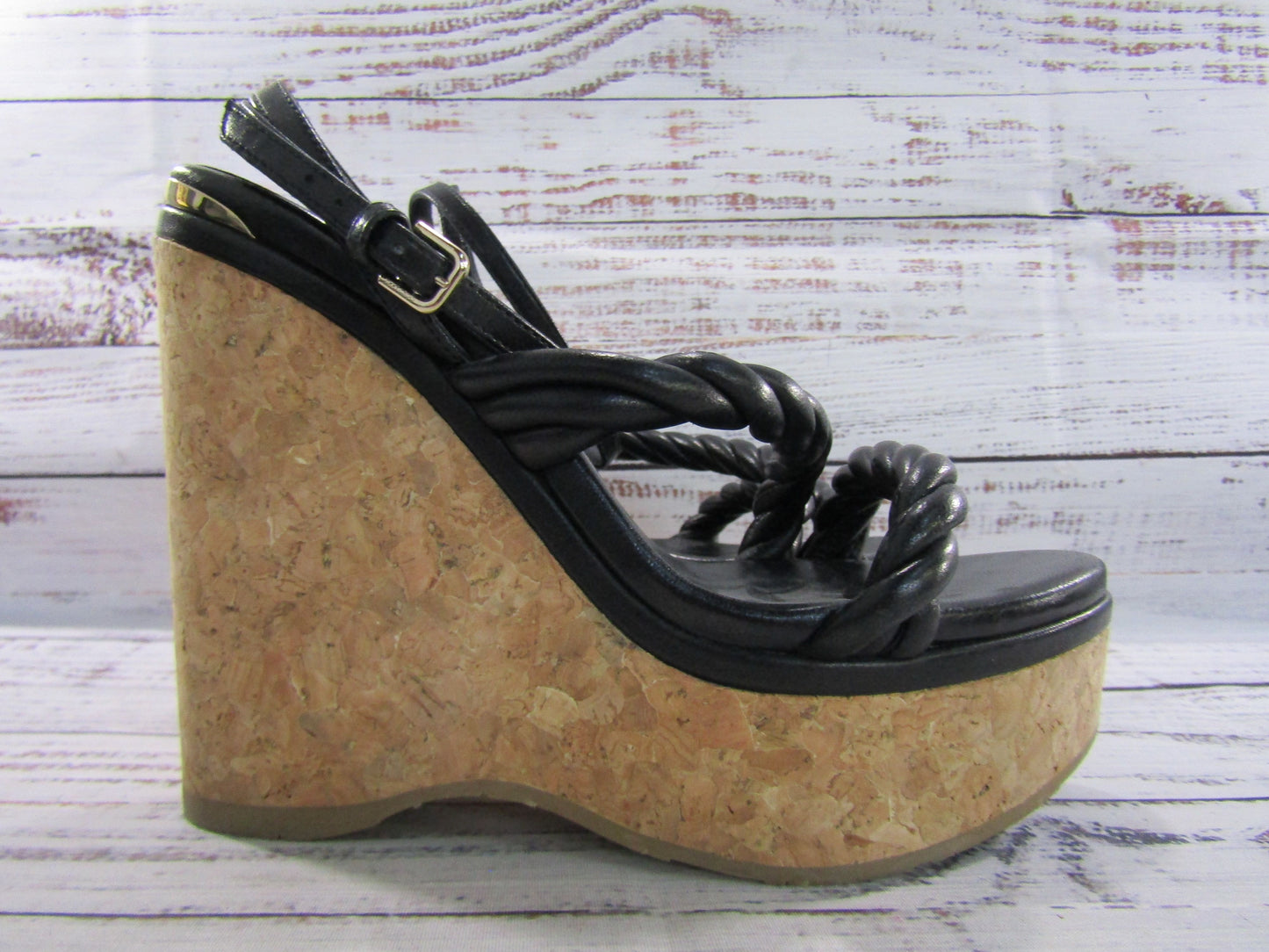 Jimmy Choo Diosa Women's Black Leather Espadrille Wedge Sandals Made in Spain
