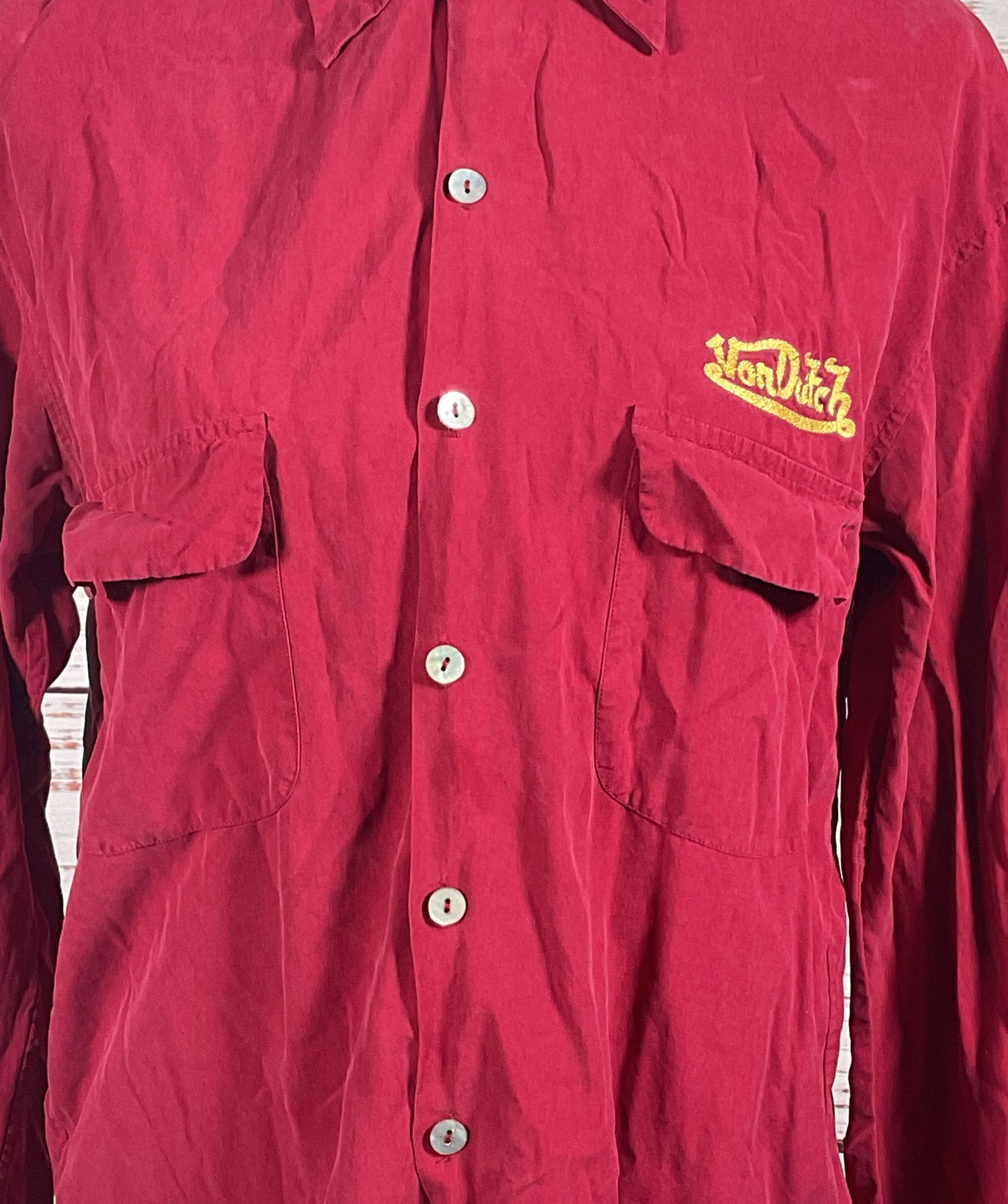 Von Dutch Vintage Silk Button Long Sleeve Shirt Burgundy S