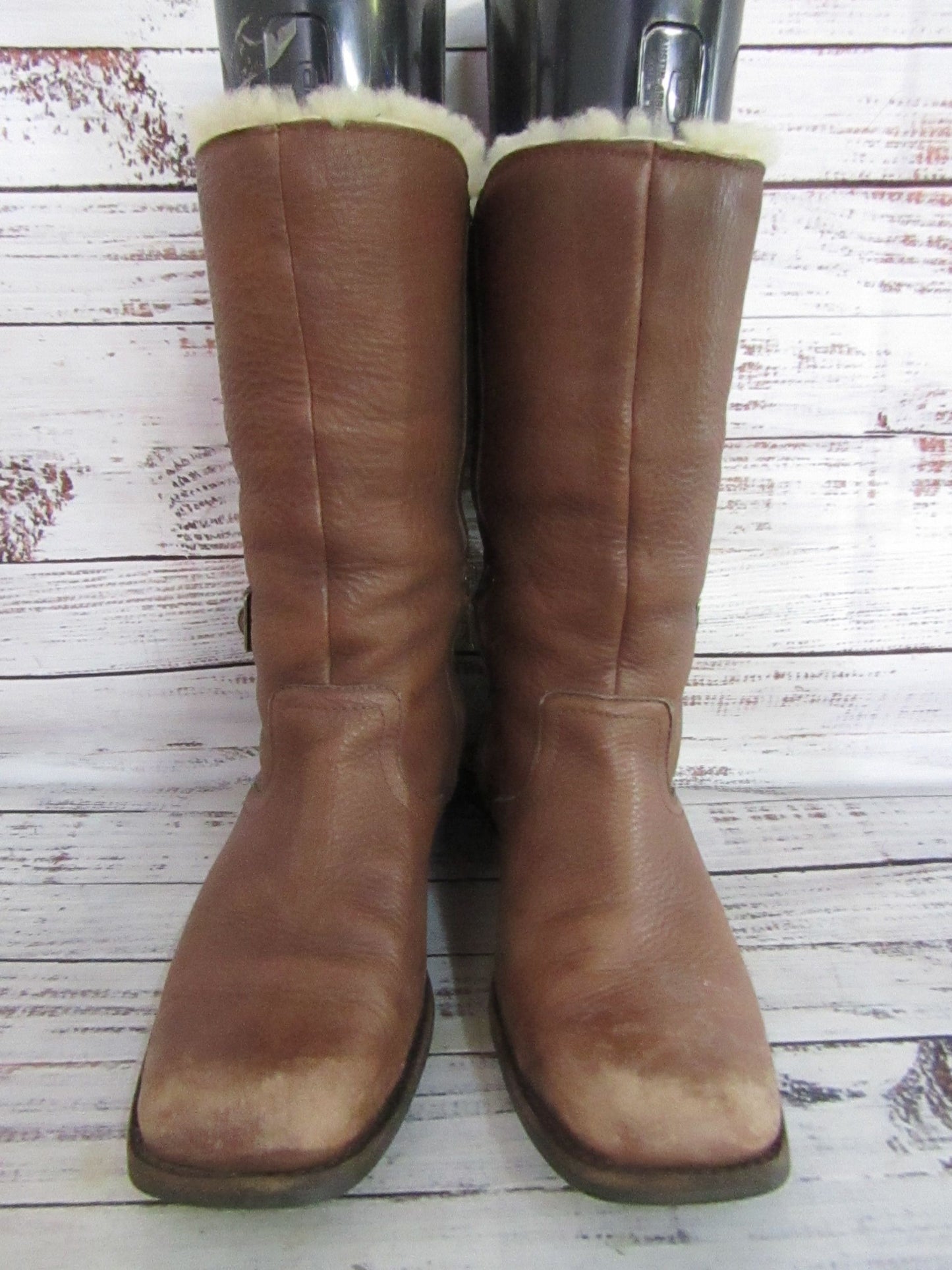 UGG Bellevue Women's Brown Leather Mid-Calf Shearling Boots Size 7