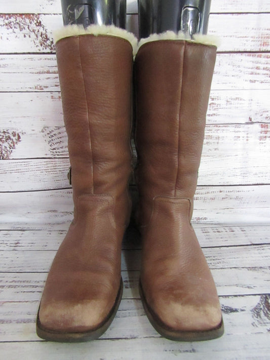 UGG Bellevue Women's Brown Leather Mid-Calf Shearling Boots Size 7