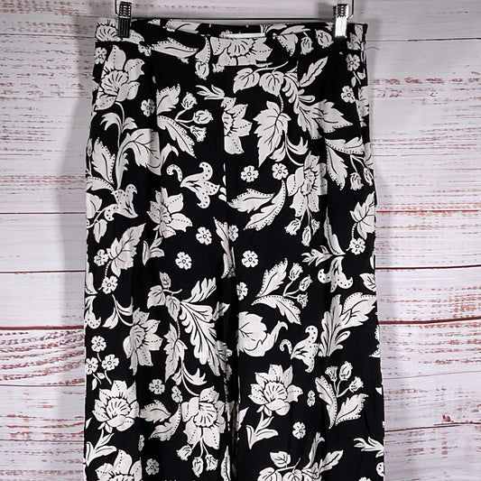 MNG Women's Black White Floral Print Side Zip Wide Leg Pants- SZ L