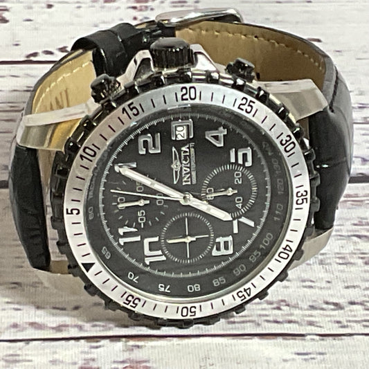 INVICTA 6001 Men's Silver Tone Black Leather Band Watch-NEEDS BATTERY