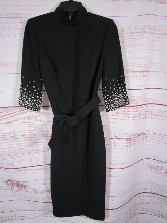 Badgley Mischka Women's Black Pearly Trim Midi Sheath Dress Size 0