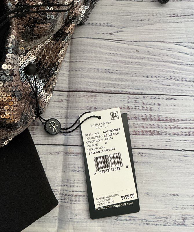 NWT Adrianna Papell Black and Beige Sequined Jumpsuit Size 4 Retail $199