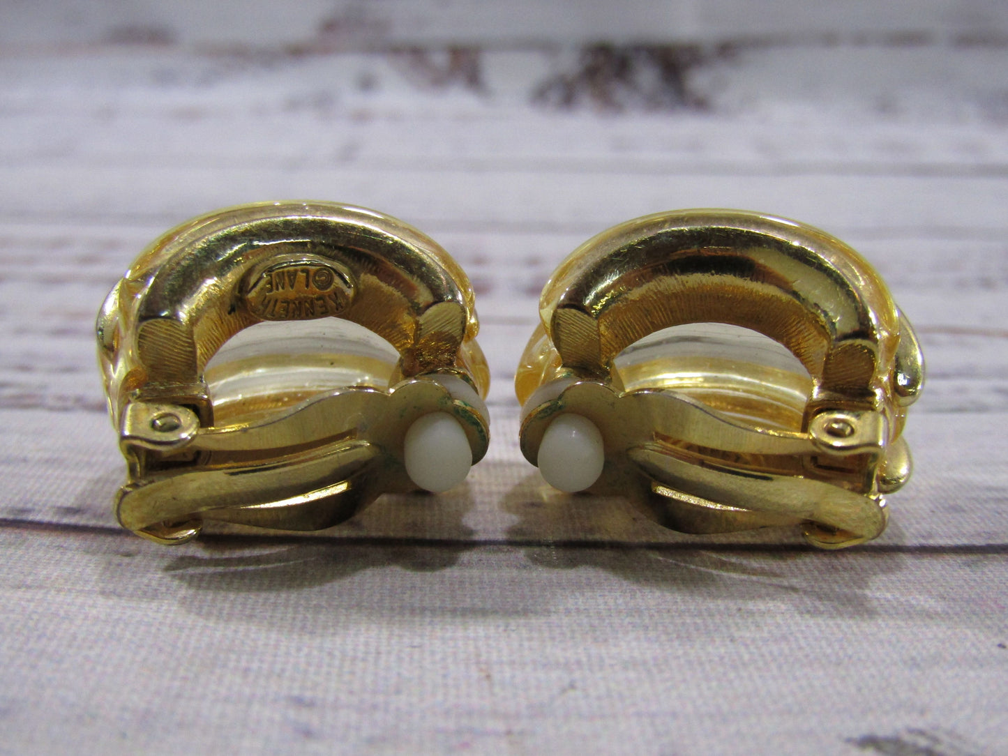 Vintage Kenneth Jay Lane Chunky Gold Plated Lucite Clip-On Earrings