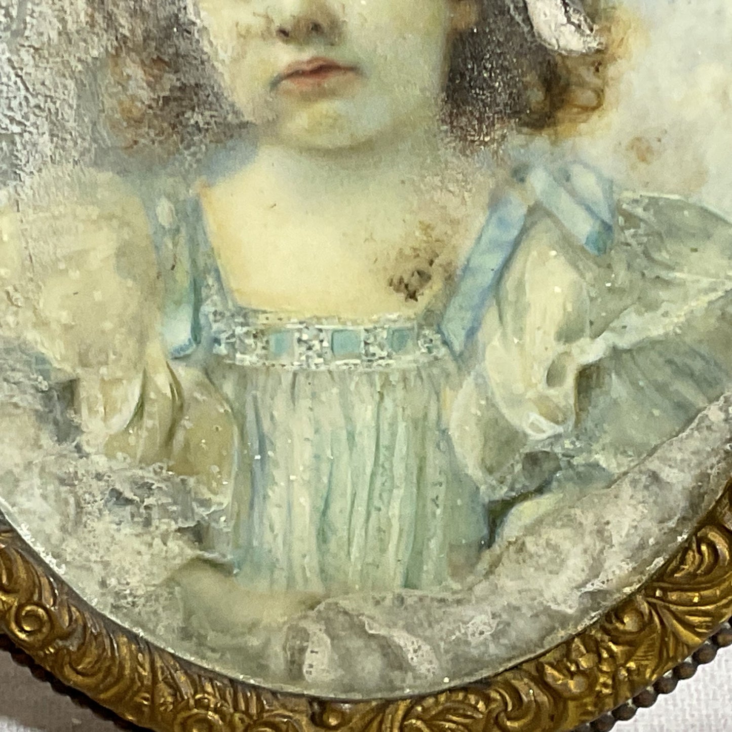 Signed ANTIQUE Miniature Portrait of Child w/ William Schaus Brass Gilded Frame