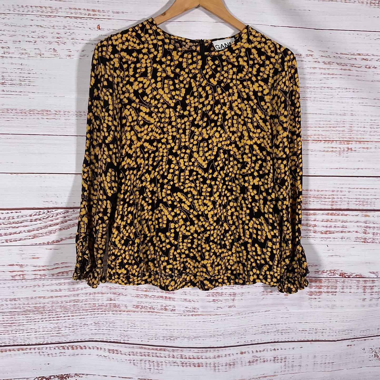 Ganni Black Yellow Floral Print Long Sleeve Blouse Top - Size 34