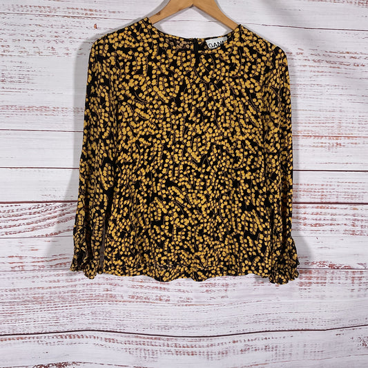 Ganni Black Yellow Floral Print Long Sleeve Blouse Top - Size 34