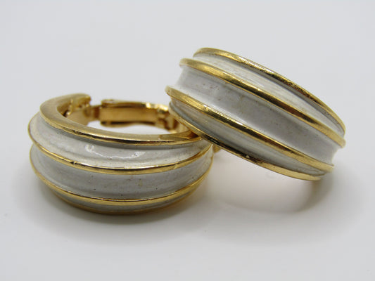 Vintage Crown Trifari Gold Plated Enamel Clip-On Hoop Earrings