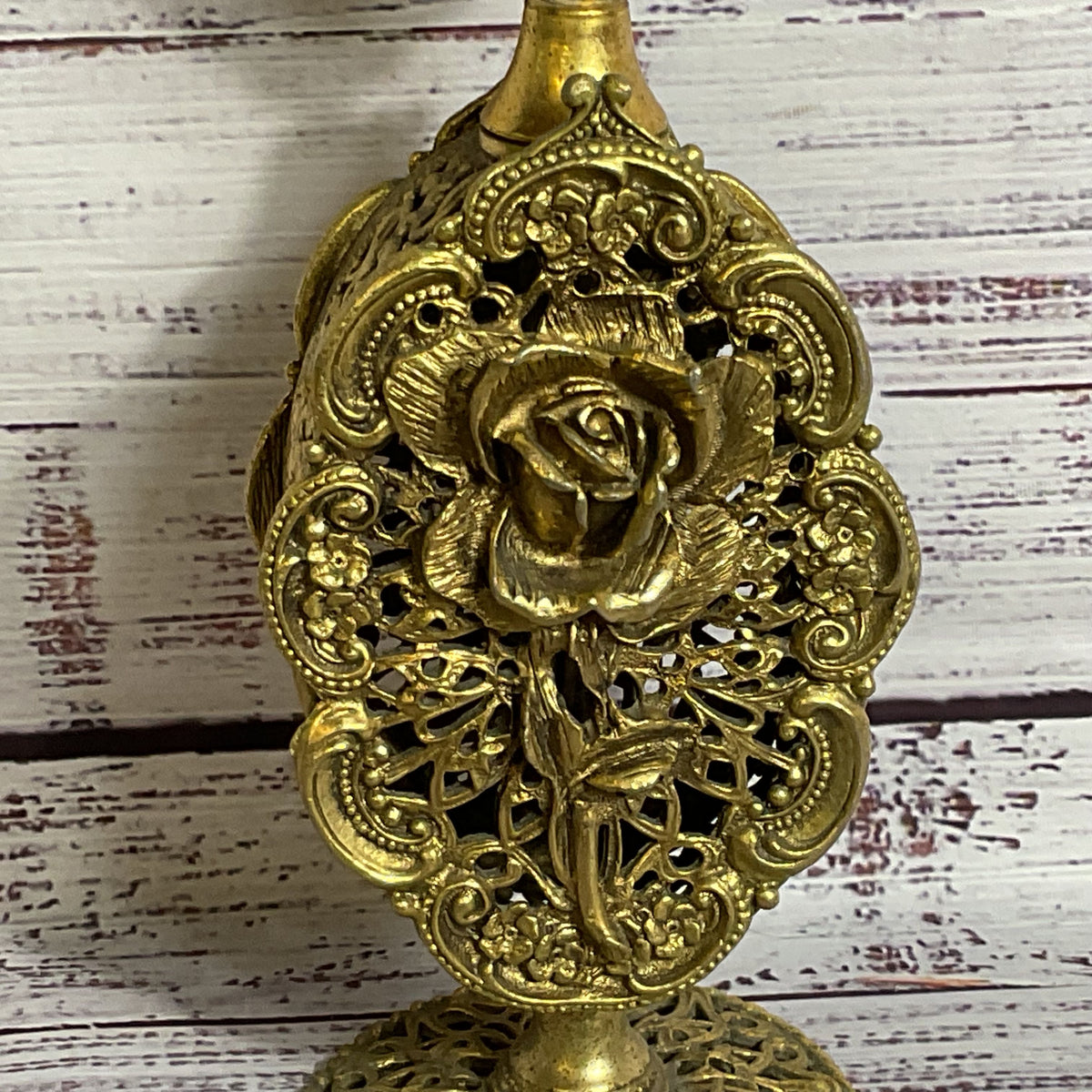 VTG./ANTIQUE Ormolu Ornate Filigree Rose Perfume Bottle- 9.5"