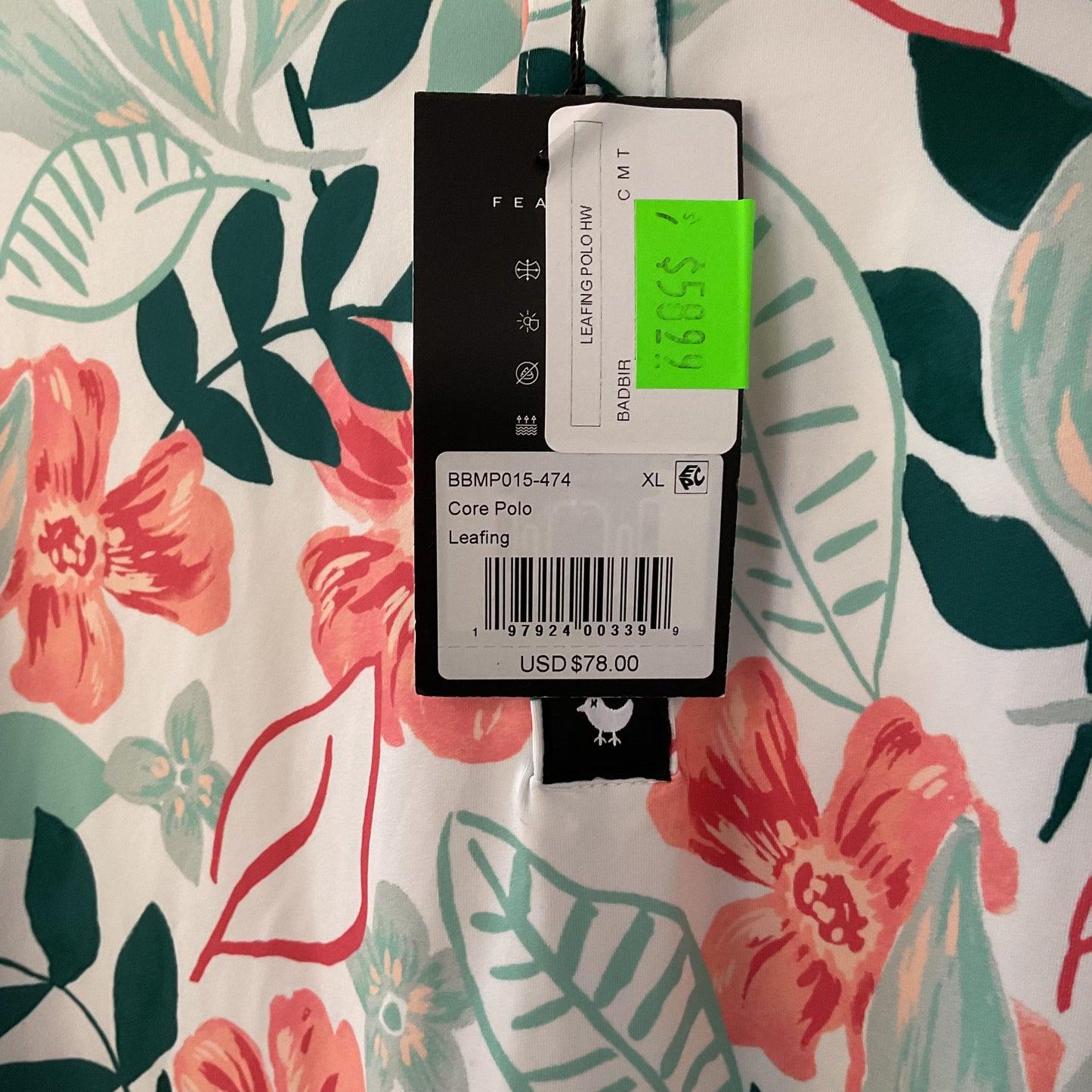 Bad Birdie Leafing Pattern Green Pink Polo Shirt - Size XL New W/ Tag