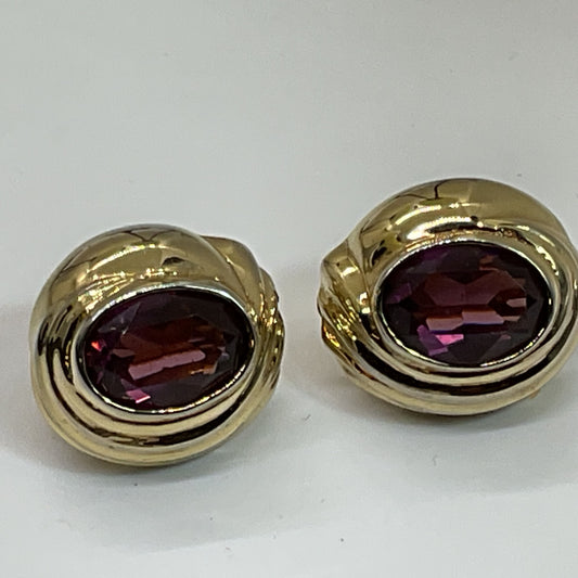 VTG. Signed "R" Gold Tone Purple Rhinestone Earrings
