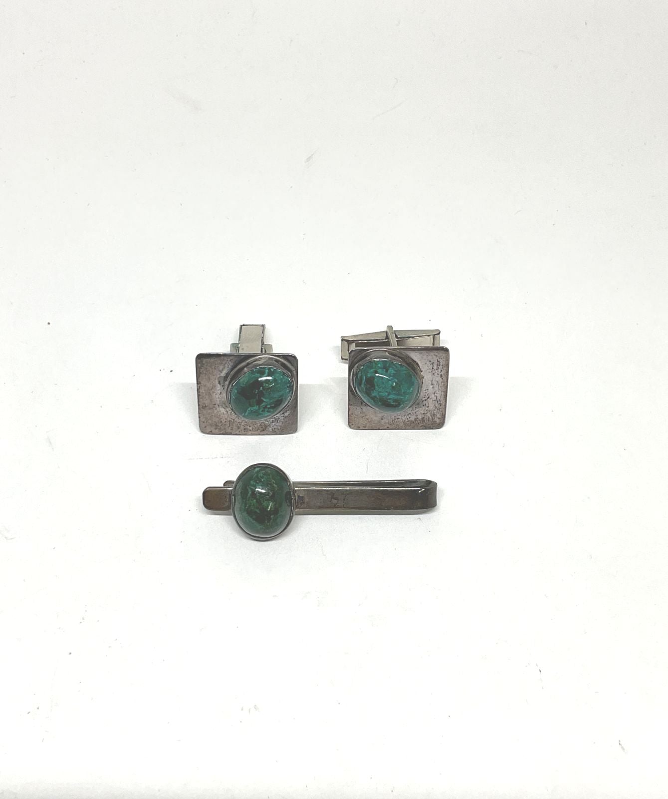 ISRAEL Sterling Silver Vintage Cufflinks & Tile Clip with Green Malachite
