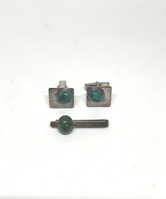 ISRAEL Sterling Silver Vintage Cufflinks & Tile Clip with Green Malachite