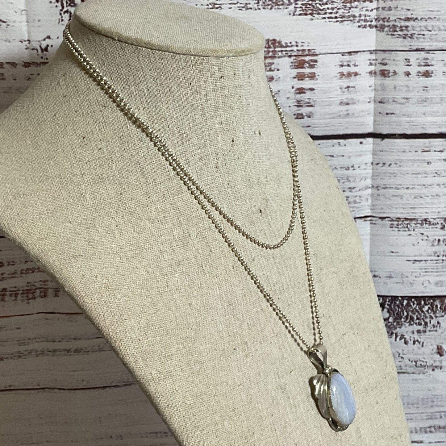 BBT Sterling Silver & Blue Lace Agate Oval Pendant 36" Chain Necklace- 19.13g