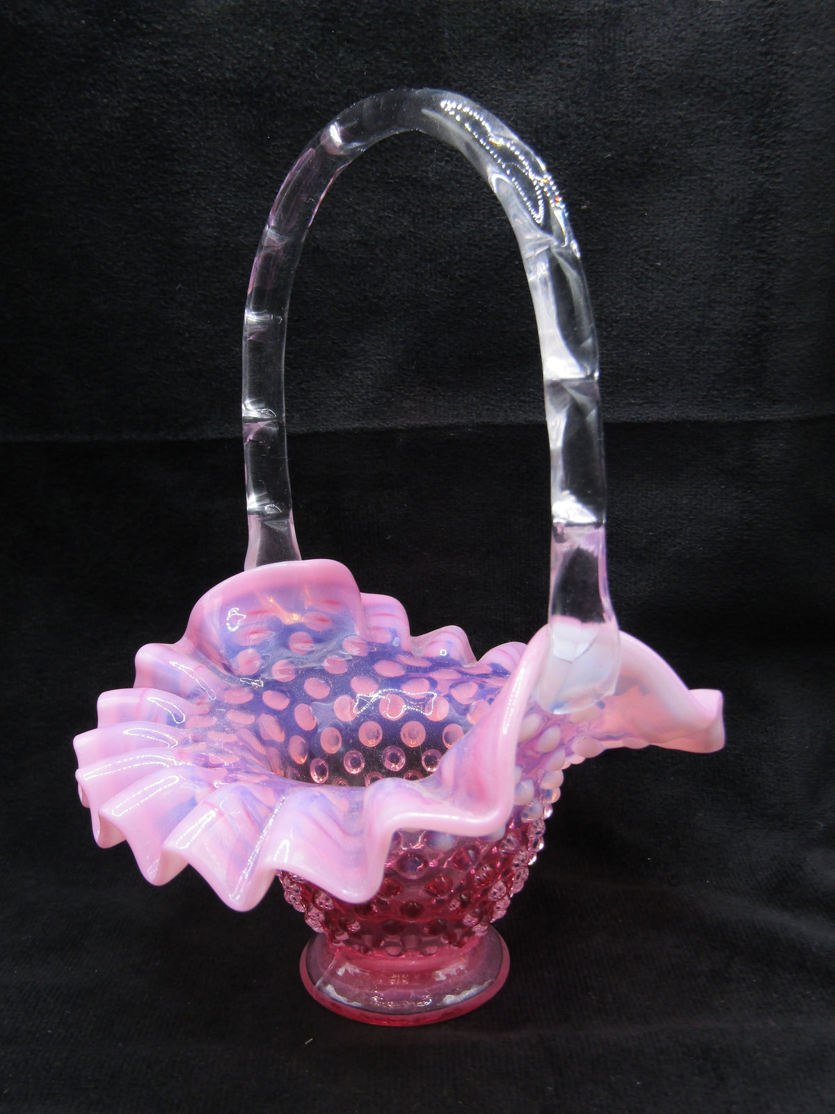Vintage Hand Blown Pink Studded Glass Basket Figurine