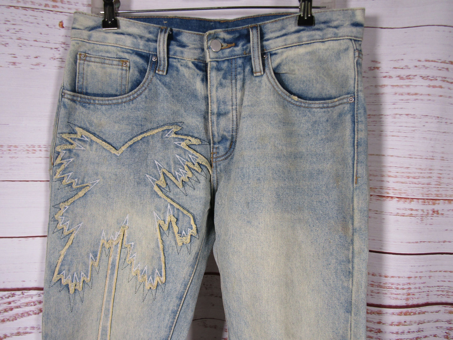 Mnml Men's Blue Palm Tree Embroidered Cotton Jeans Size 31