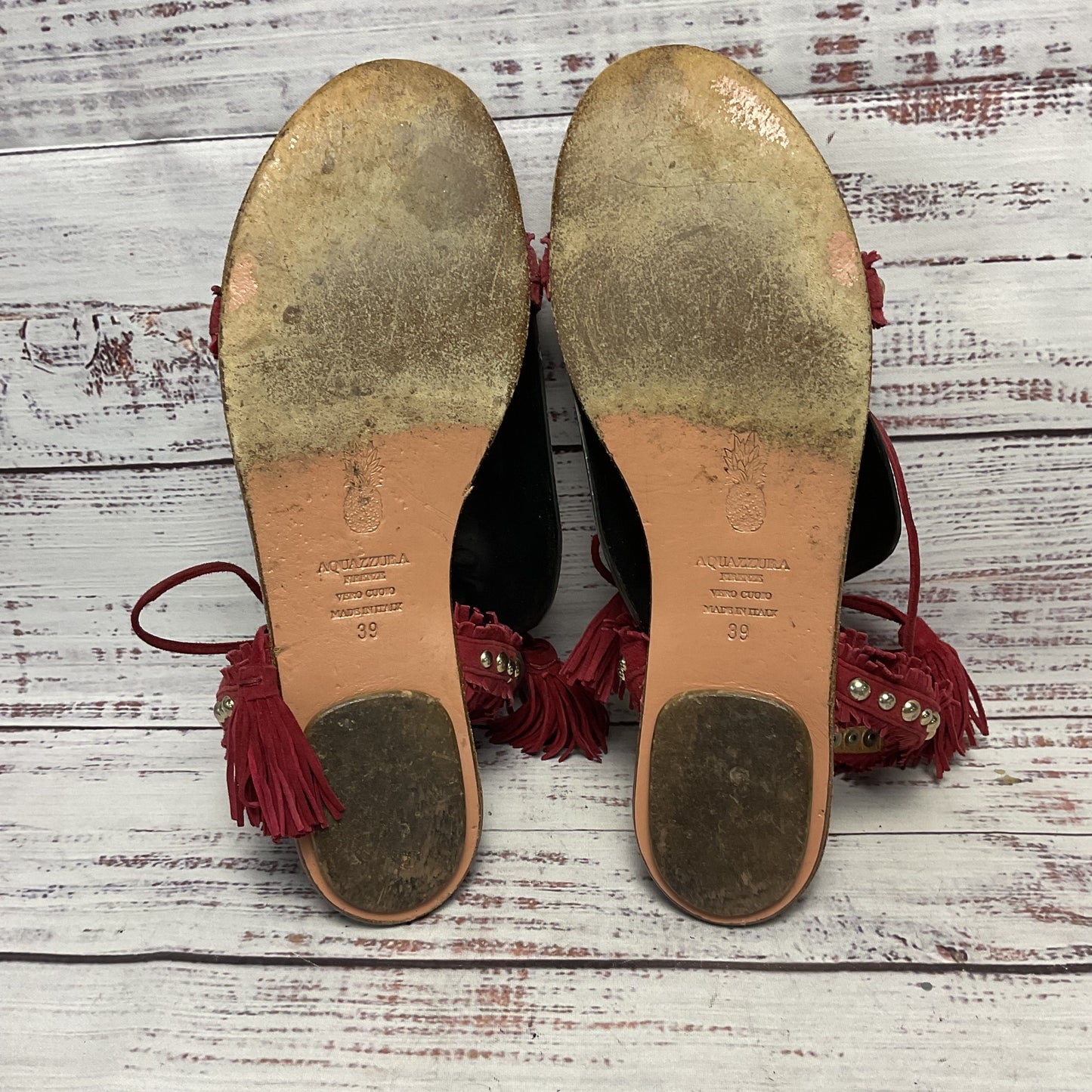 Aquazurra Careye Fringe Suede Red Cord Ankle Tie Sandal Women Size 9