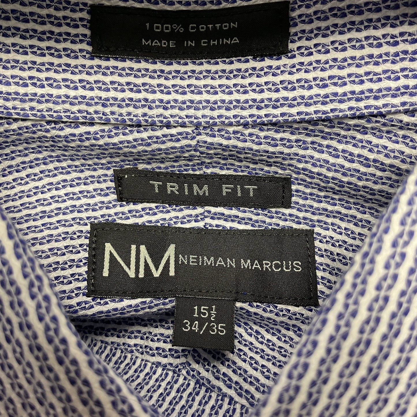 Neiman Marcus Blue White Geometric Pattern Long Sleeve Dress Shirt 15.5 34/35
