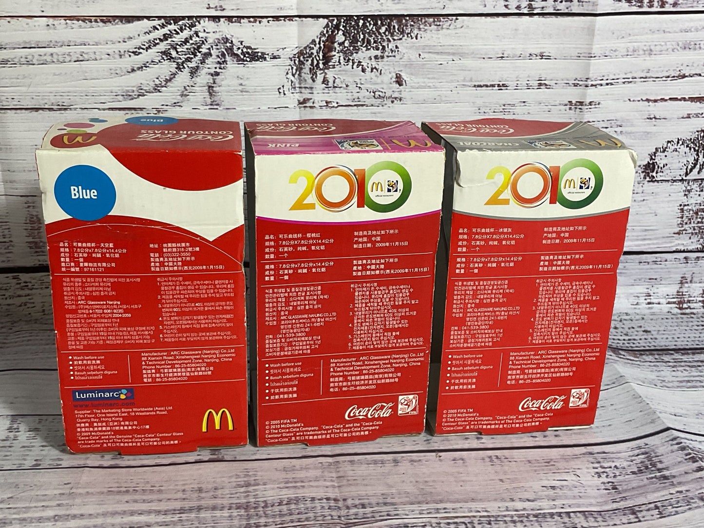 McDonald's Coca Cola Blue Luminarc & 2 Pink/Gray Fifa World Cup Glasses