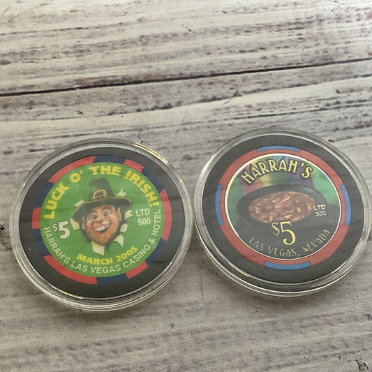 Set of 2 Las Vegas HARRAH'S Casino $5 Limited Edition Irish Poker Chips