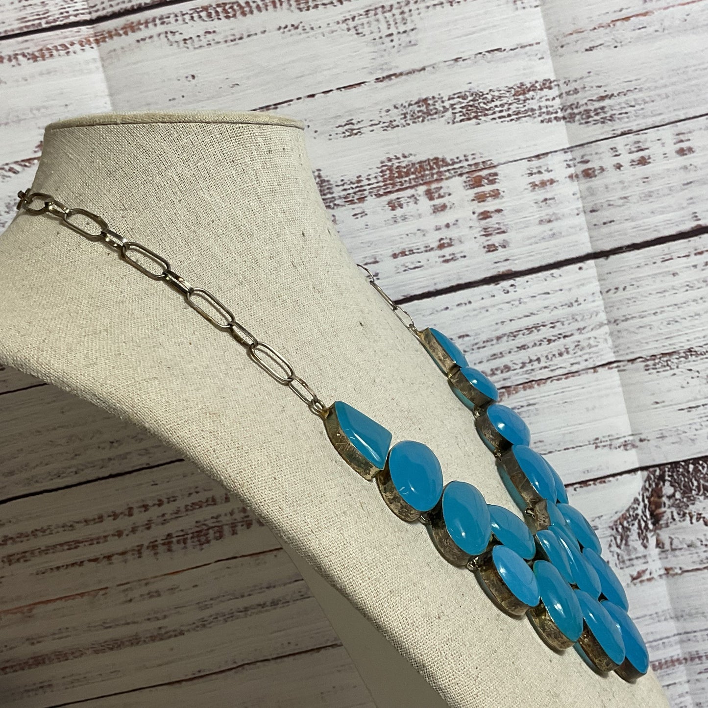 Silver Tone & Blue Stone Bib Statement Necklace