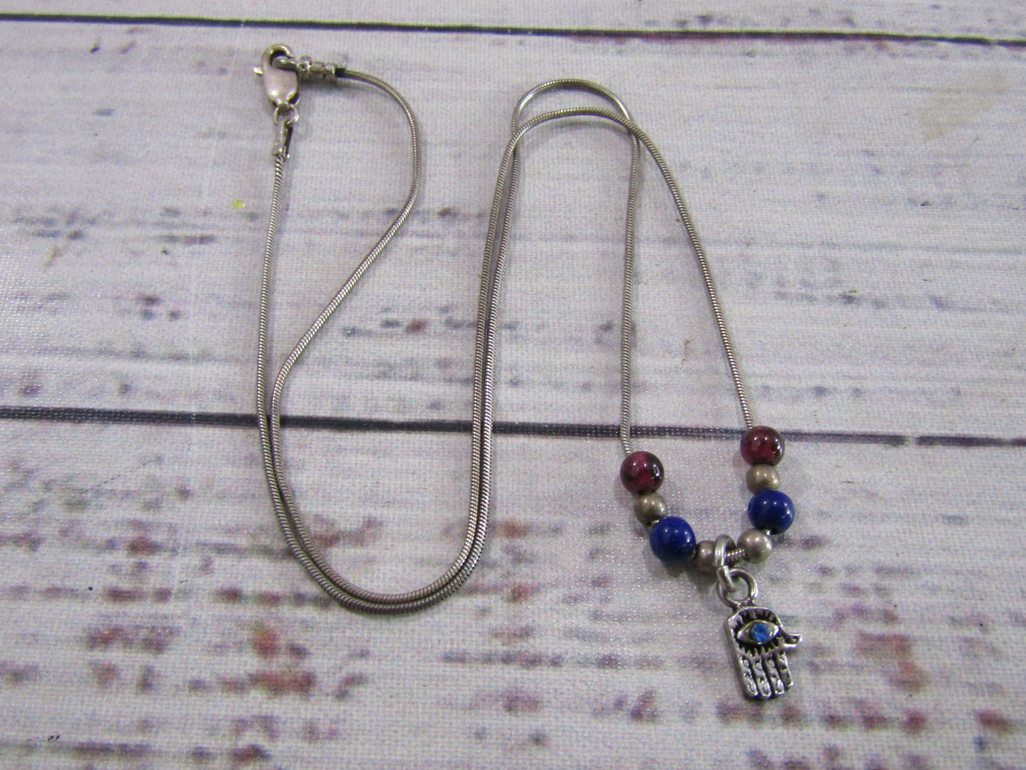 Sterling Silver Serpentine Chain Hamsa Palm Rhodolite Garnet Lapis Lazuli
