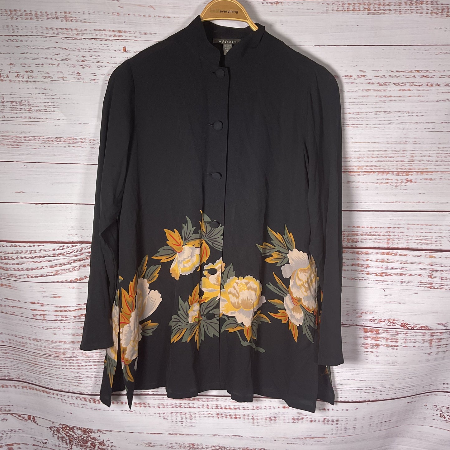 Harari Mandarin Collar Black Floral Print Long Sleeve Top - Size S
