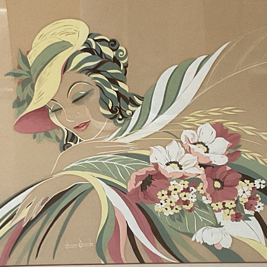 Signed Mid Century DUANE PERRIGO Art Deco Lady with Florals Painting